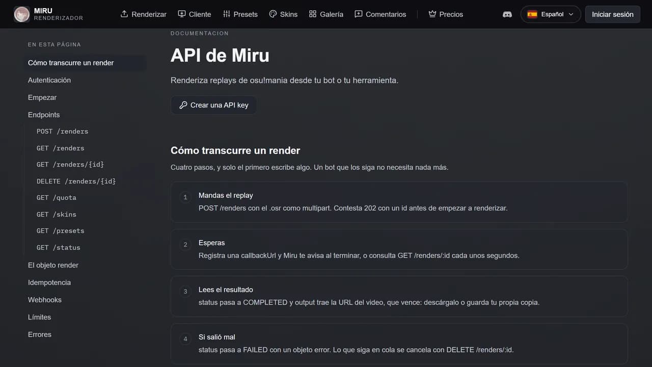 La documentación de la API pública, en /docs/api