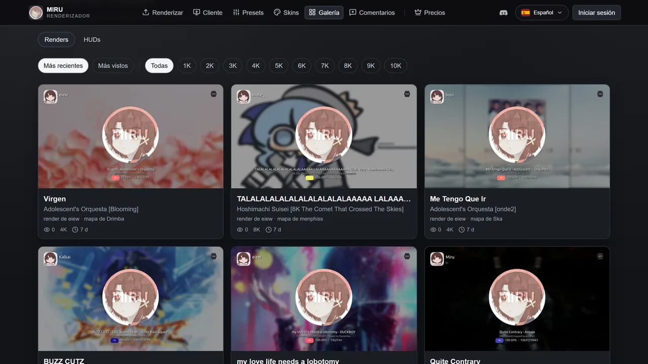 La galería de renders, con sus filtros por keycount